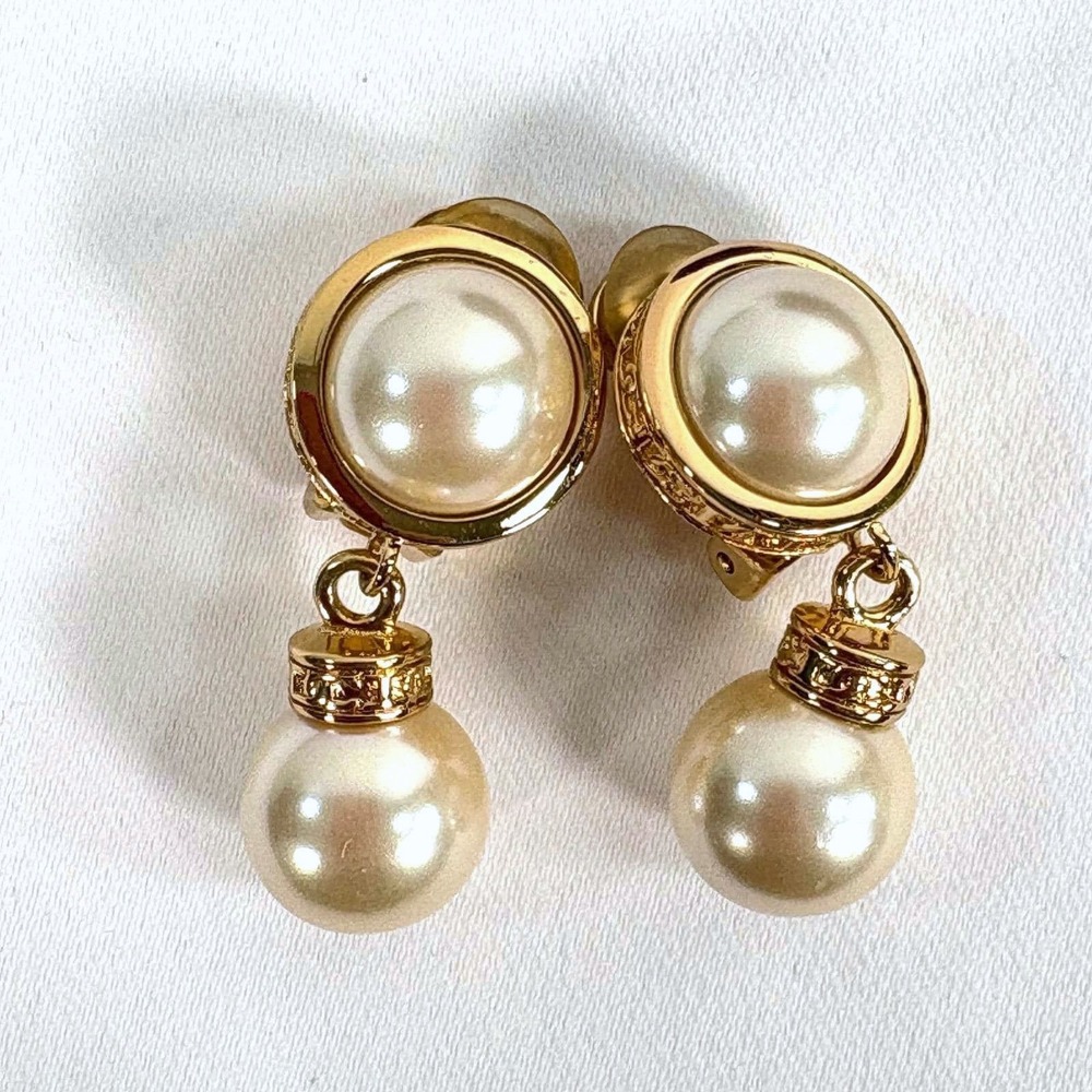 Christian Dior Drop Earrings Gold Cream Faux Pearl Vintage Logo Clip On Signed